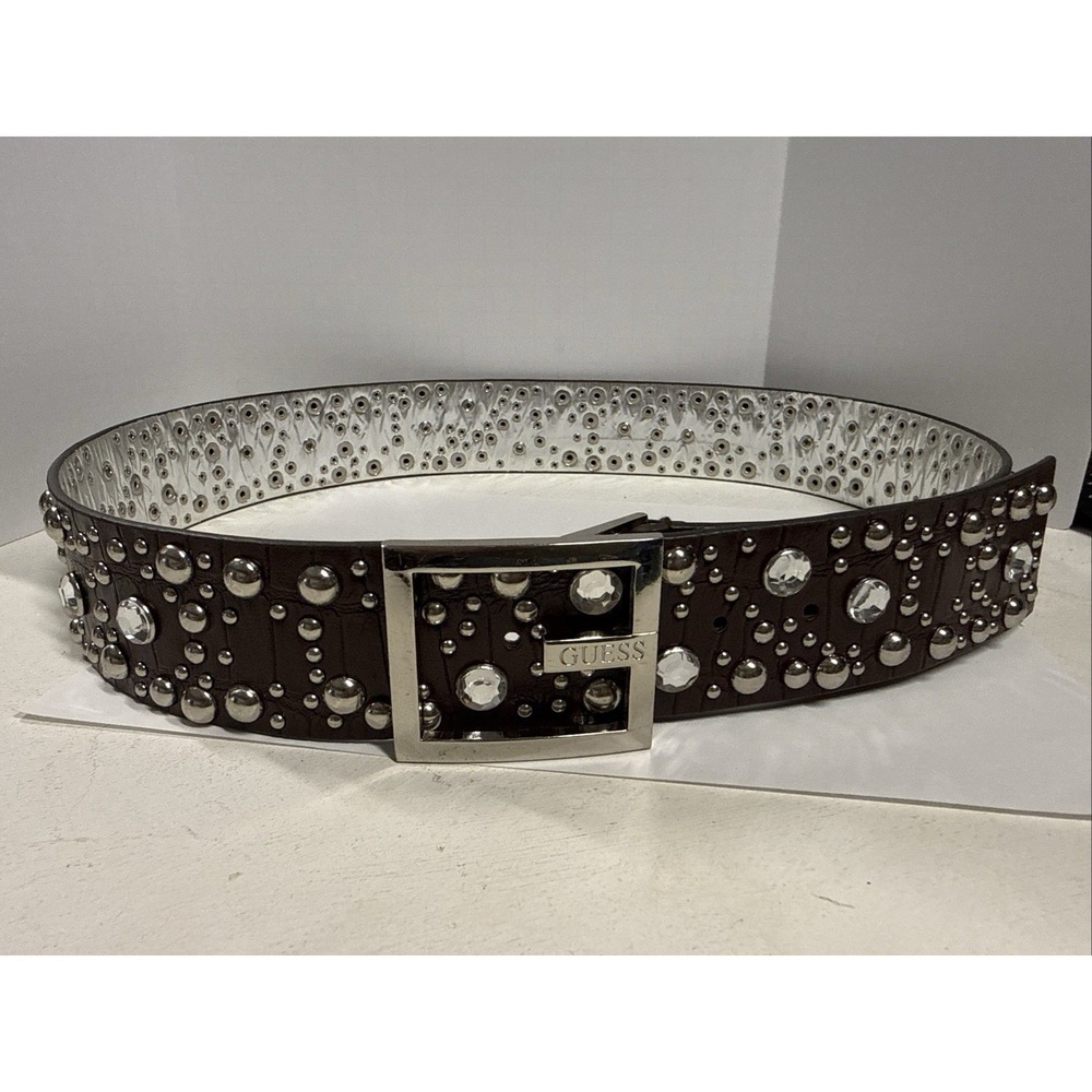 GUESS Brown Silver Rhinestone Studded Wide Bling Belt Silver Toned Buckle Women